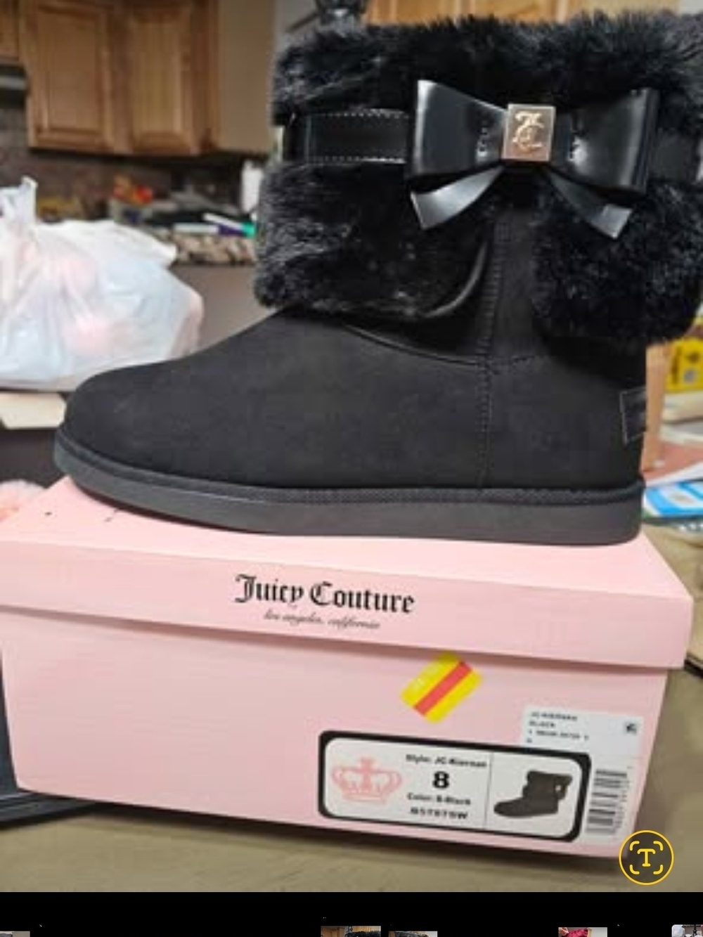 Juicy Couture Black Faux Fur Bow Ankle Boots - Women's